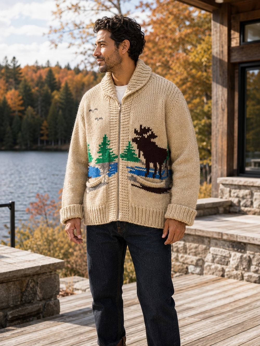 Vintage 50s 60s Mary Maxim Moose #552 Hand Knit Wool Cardigan Sweater M